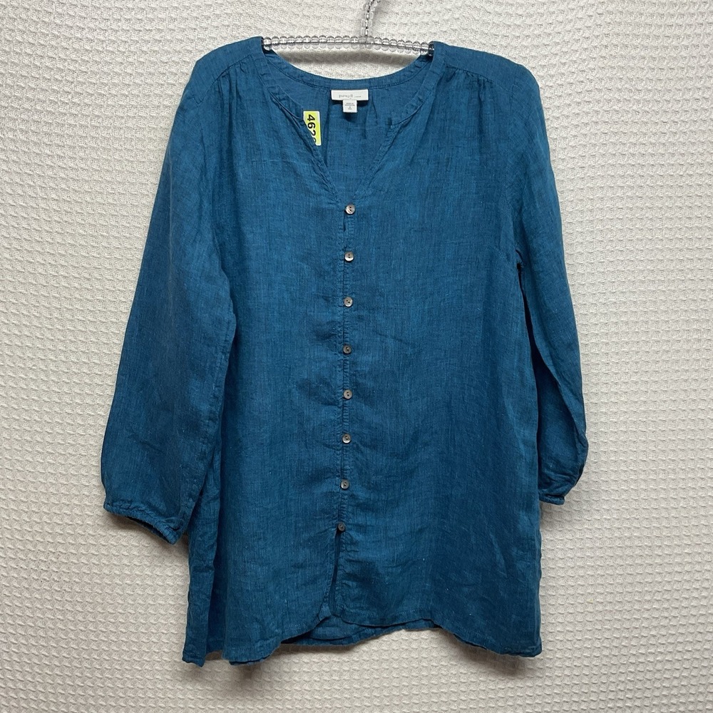 J Jill Pure Jill Linen Top Blouse Womens MT Tunic Popover Shirt V Neck Teal Blue